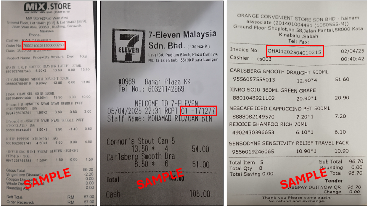 Sample receipts for Convenience Stores & Mini Markets